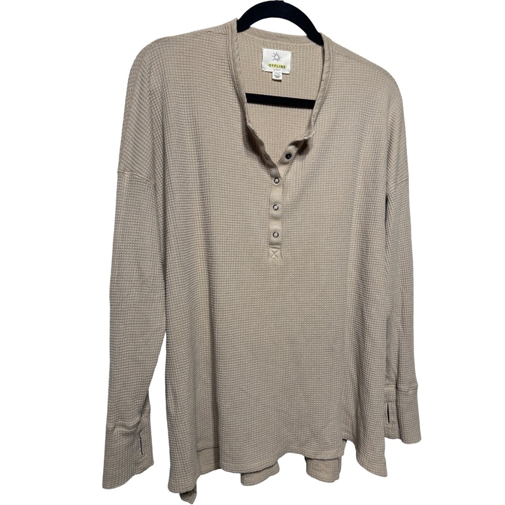 Offline by Aerie Waffle Knit Henley Top Tan Oversized Long Sleeve Thumbholes XL